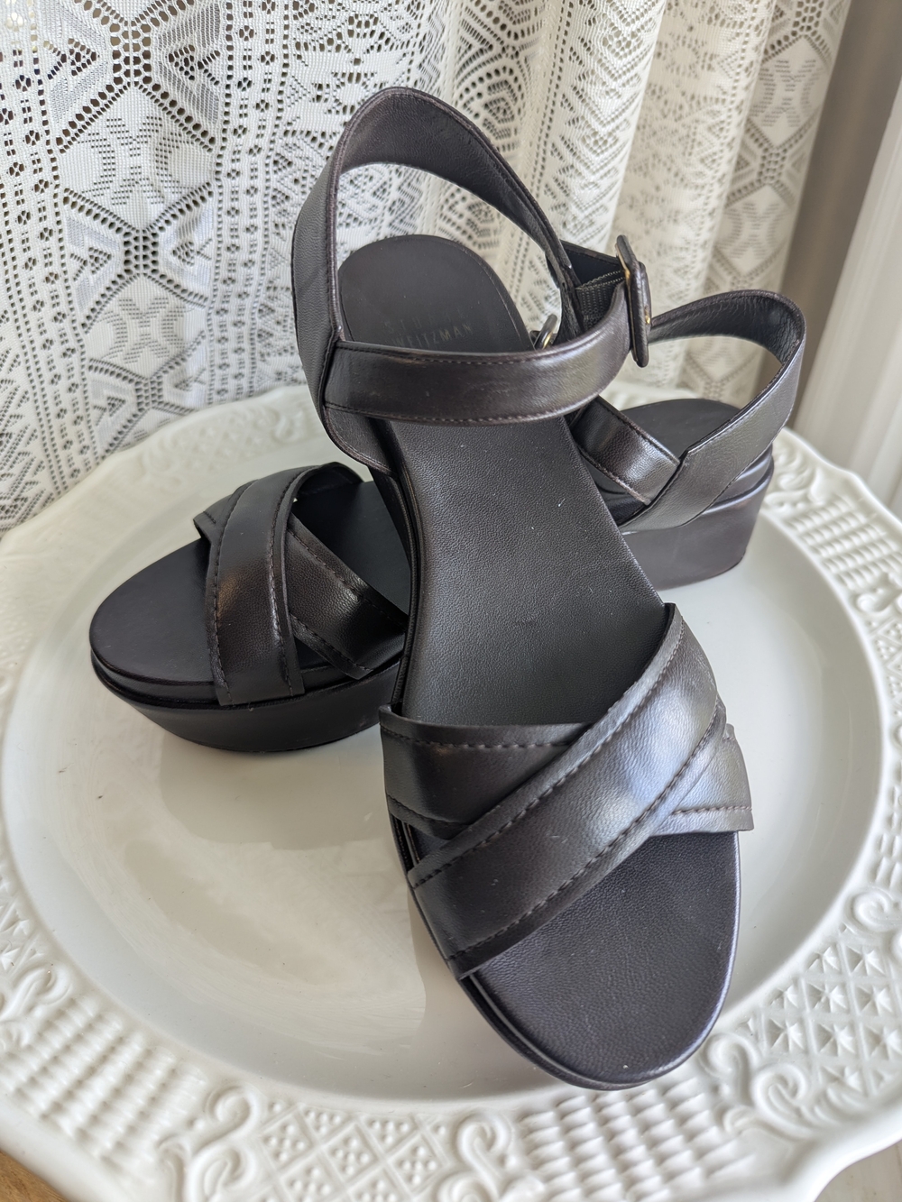 Stuart Weitzman Dark Brown Leather Platform Sandals with Ankle Strap